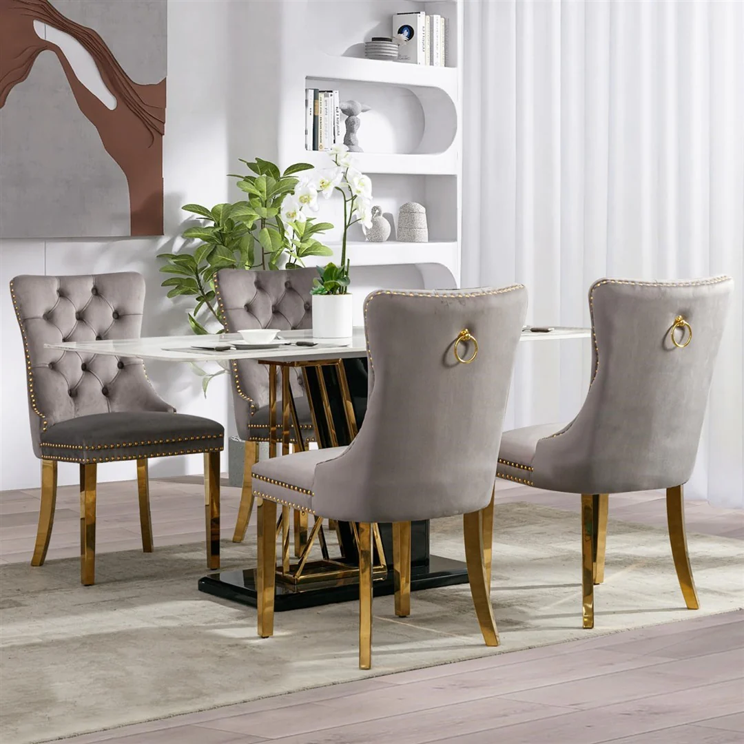 AADEN 6x Velvet Dining Chairs with Golden Metal Legs-Grey - Image 8