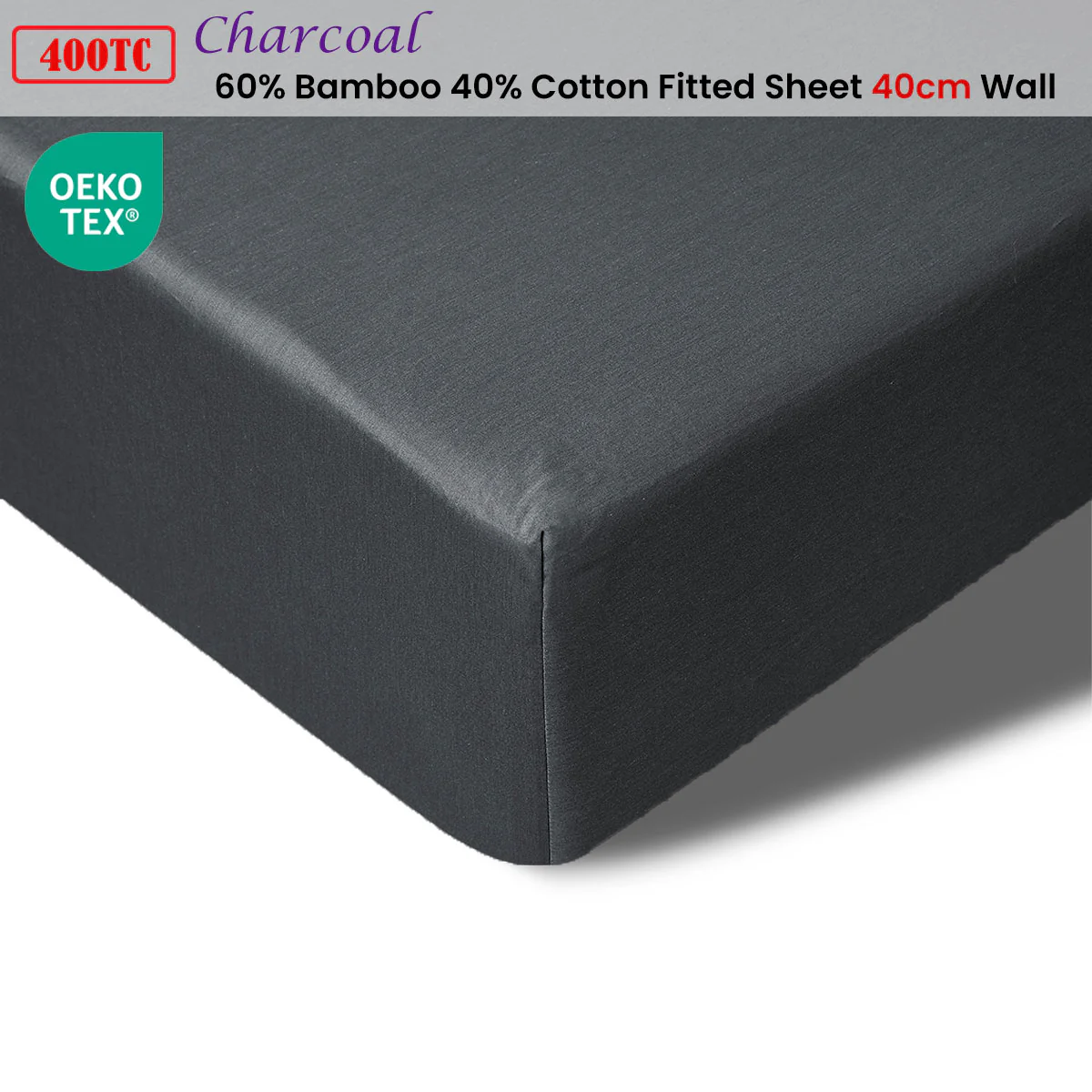 Accessorize 400TC Charcoal Bamboo Cotton Fitted Sheet 40cm Wall Double - Image 2