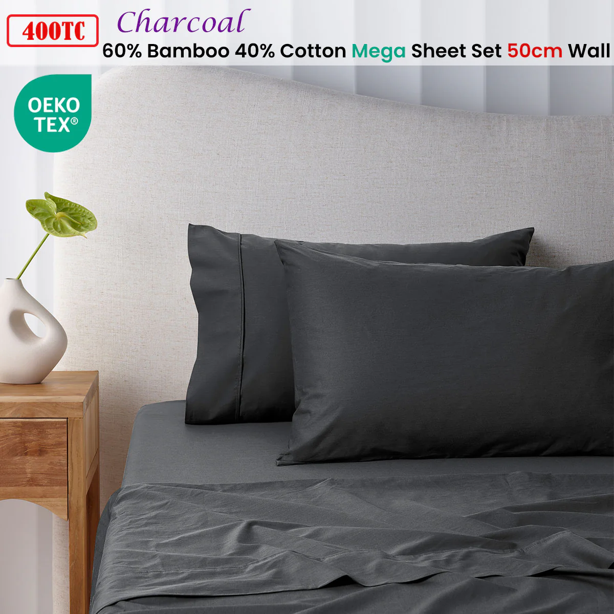 Accessorize 400TC Charcoal Bamboo Cotton Mega / Super Sheet Set 50cm Wall King - Image 2