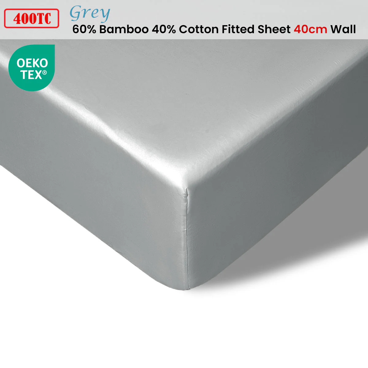 Accessorize 400TC Grey Bamboo Cotton Fitted Sheet 40cm Wall Single - Image 2