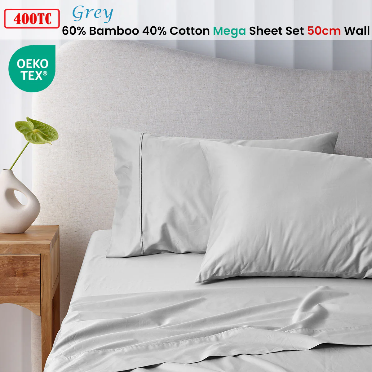 Accessorize 400TC Grey Bamboo Cotton Mega / Super Sheet Set 50cm Wall King - Image 2