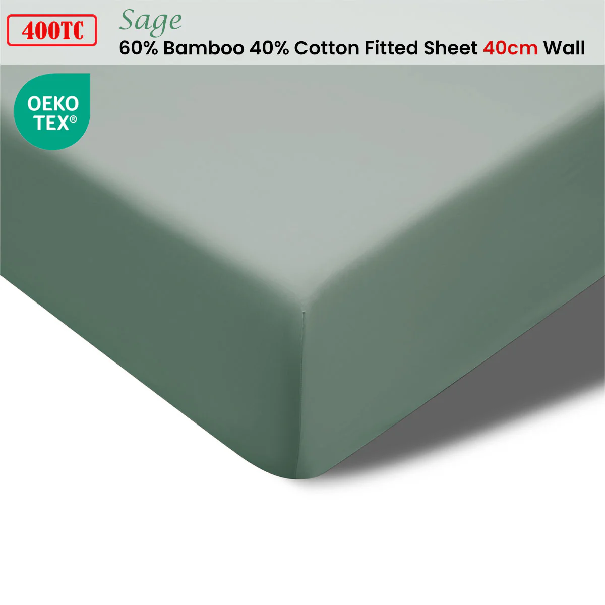 Accessorize 400TC Sage Bamboo Cotton Fitted Sheet 40cm Wall Queen - Image 2
