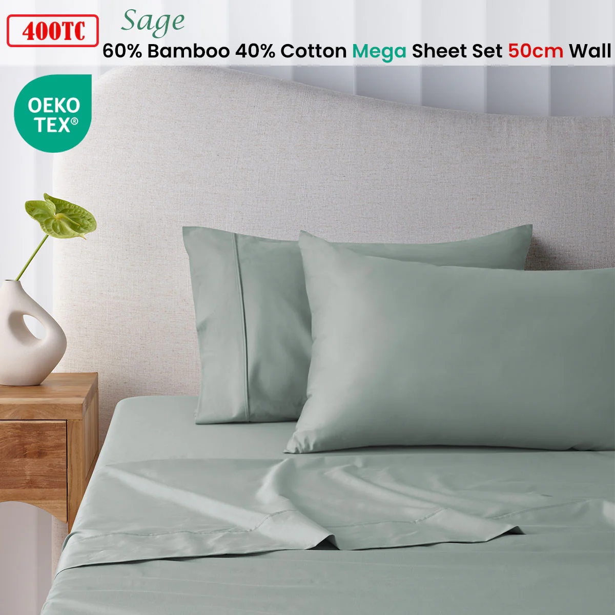 Accessorize 400TC Sage Bamboo Cotton Mega / Super Sheet Set 50cm Wall Super King - Image 2