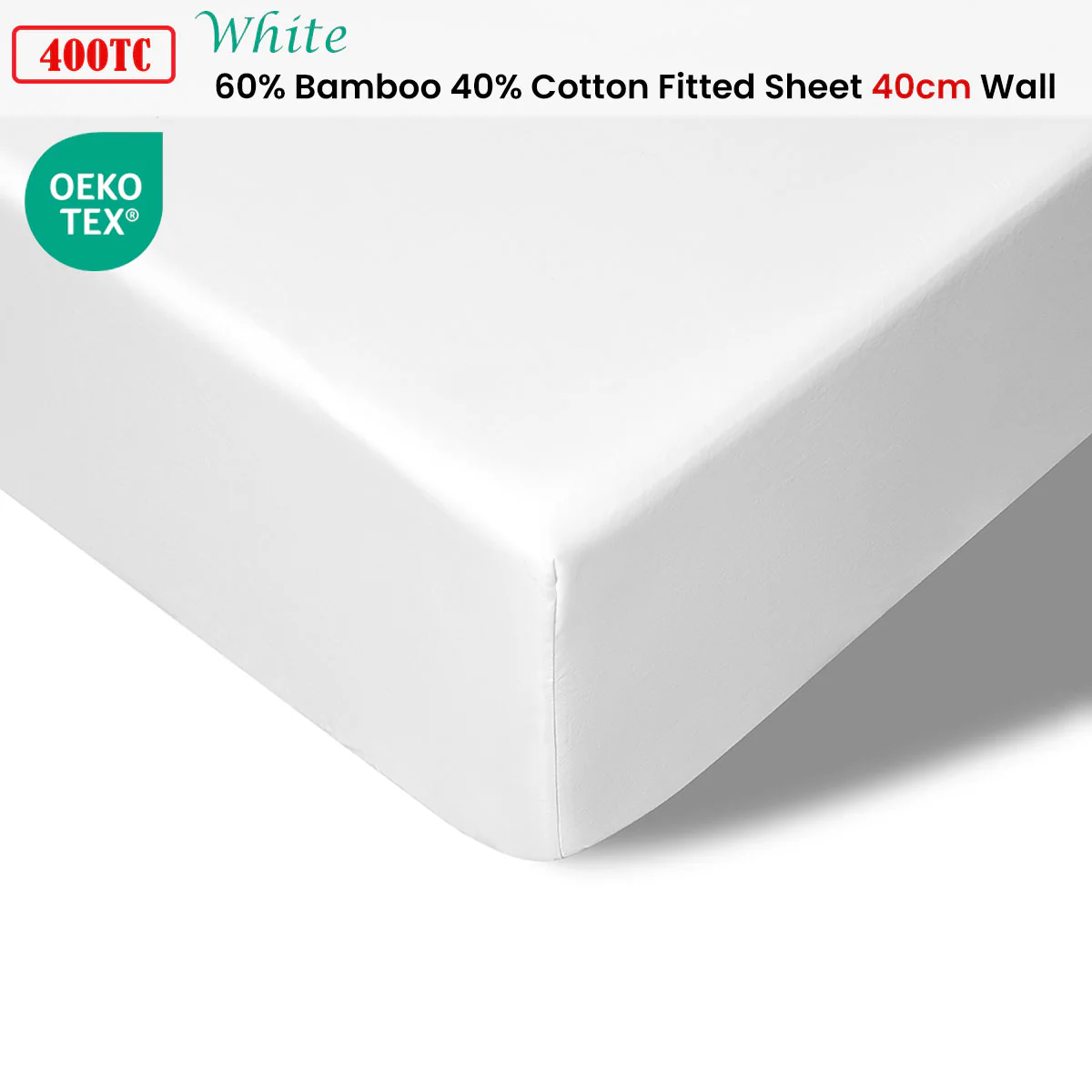 Accessorize 400TC White Bamboo Cotton Fitted Sheet 40cm Wall Single - Image 2