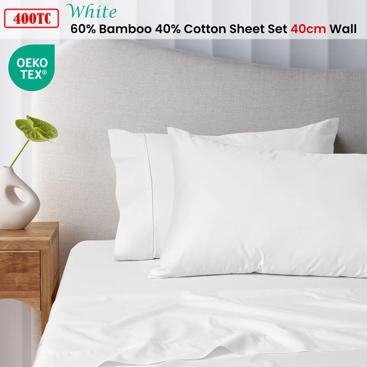 Accessorize 400TC White Bamboo Cotton Sheet Set 40cm Wall Double - Image 2