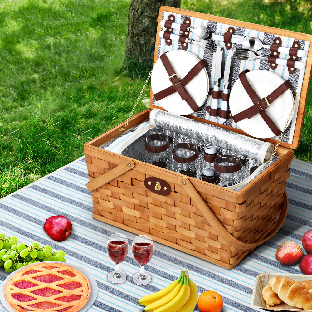 Alfresco 4 Person Picnic Basket Set Wooden Blanket Cooler Bag Outdoor Insulated - Image 7