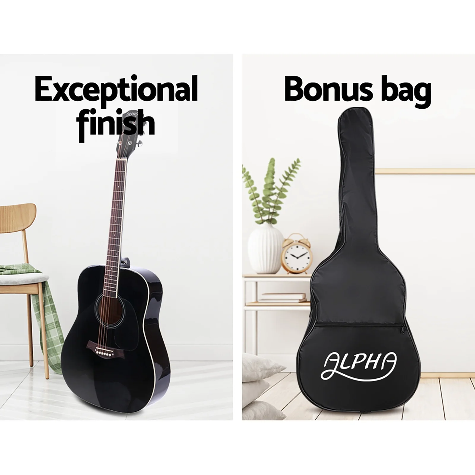Alpha 41 Inch Acoustic Guitar Wooden Body Steel String Dreadnought Stand Black - Image 5
