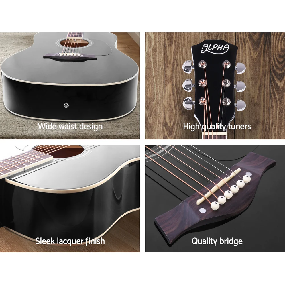 Alpha 41 Inch Acoustic Guitar Wooden Body Steel String Dreadnought Stand Black - Image 6