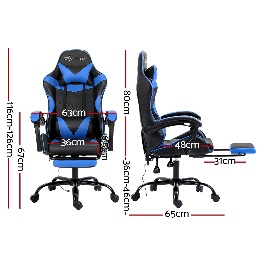 Artiss 2 Point Massage Gaming Office Chair Footrest Blue - Image 2