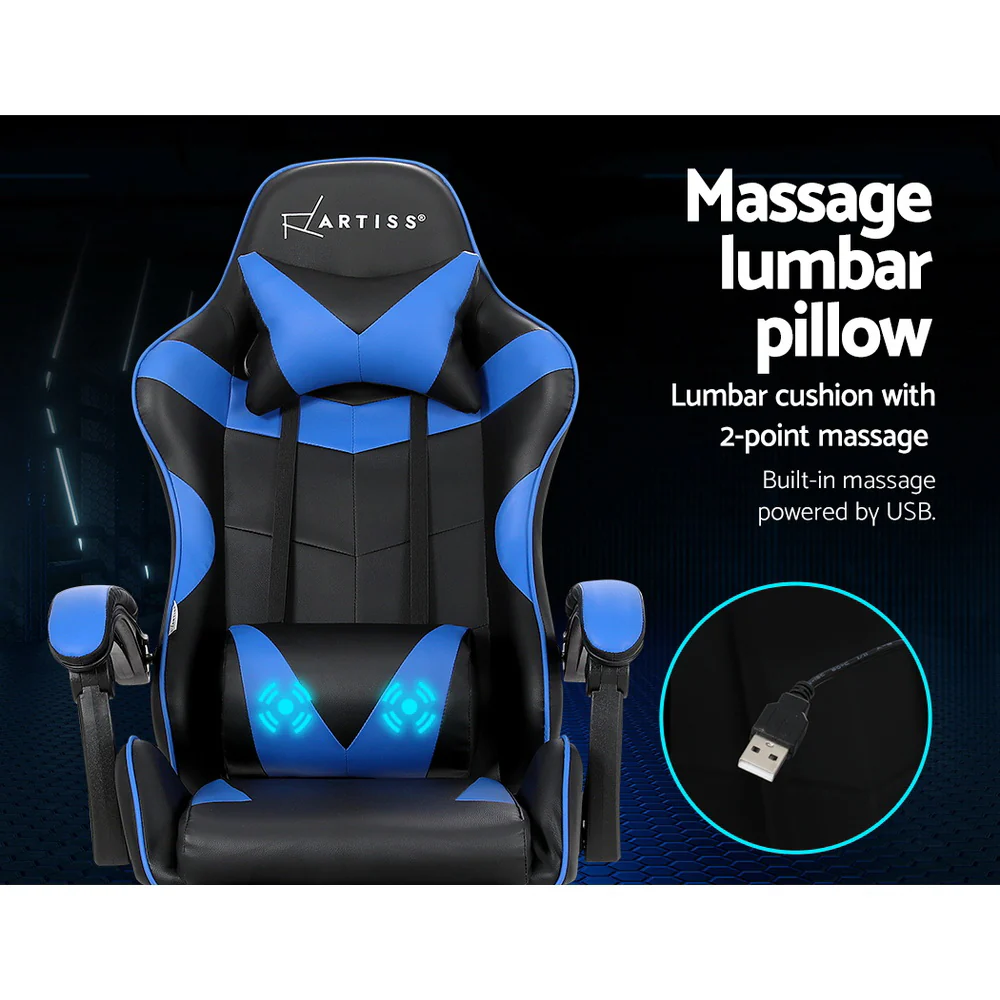 Artiss 2 Point Massage Gaming Office Chair Footrest Blue - Image 4