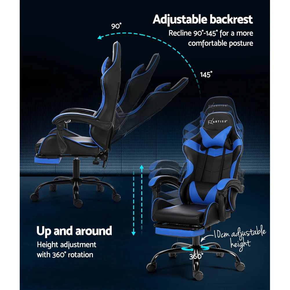 Artiss 2 Point Massage Gaming Office Chair Footrest Blue - Image 5