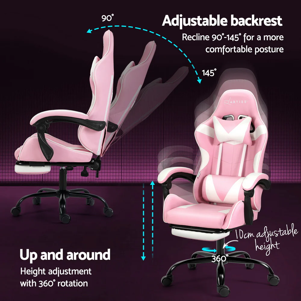 Artiss 2 Point Massage Gaming Office Chair Footrest Pink - Image 5