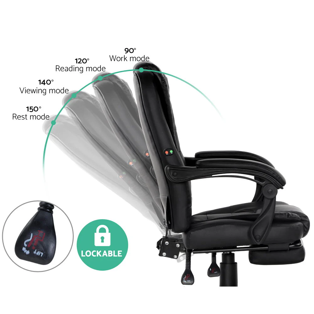Artiss 2 Point Massage Office Chair PU Leather Footrest Black - Image 4
