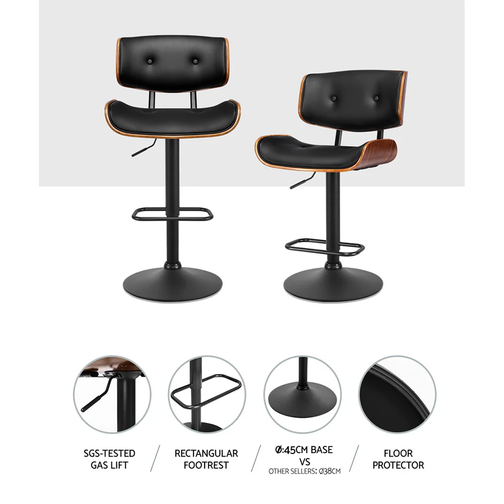 Artiss 2x Bar Stools Gas Lift Leather All Black - Image 4