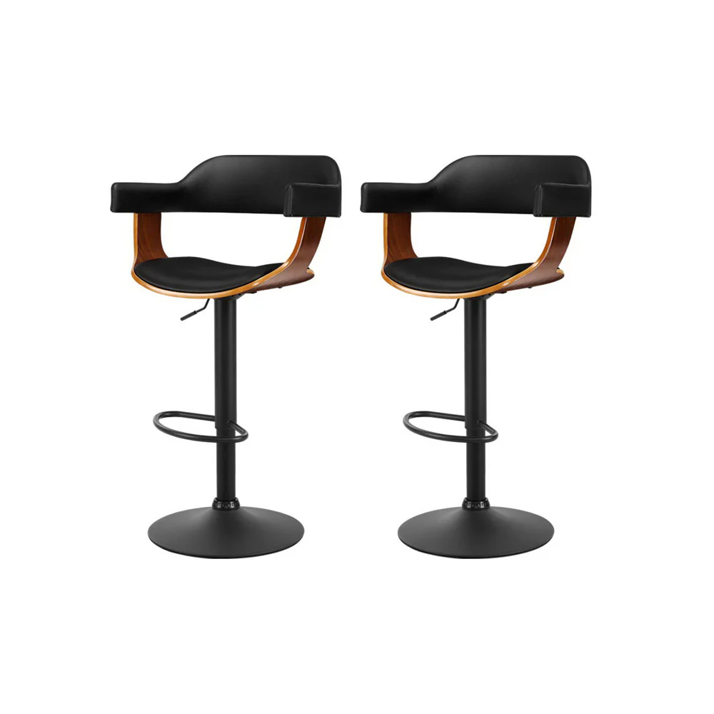Artiss 2x Bar Stools Gas Lift Leather w/Armrest All Black - Image 7