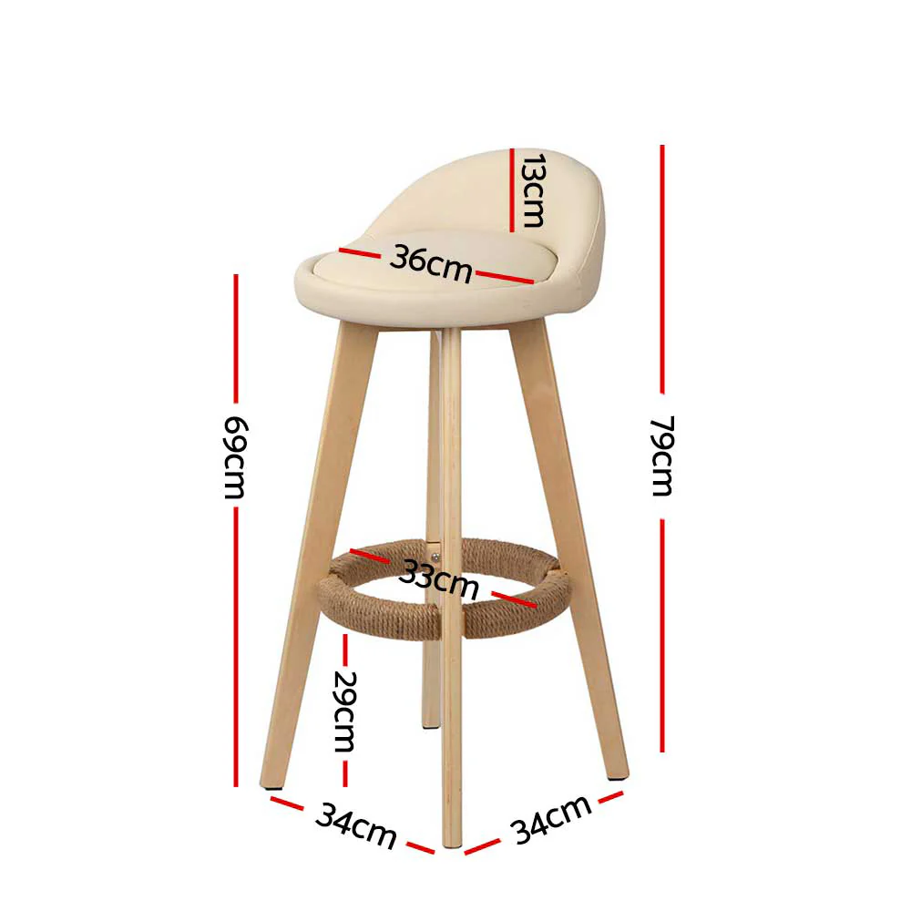 Artiss 2x Bar Stools Padded Leather Wooden Beige - Image 2