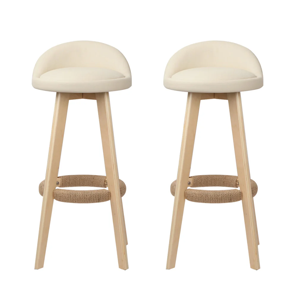 Artiss 2x Bar Stools Padded Leather Wooden Beige - Image 3