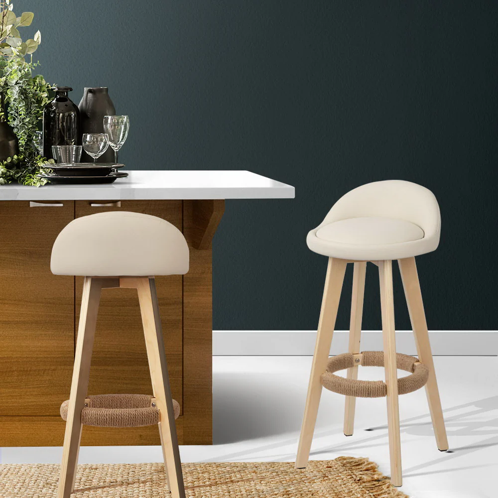 Artiss 2x Bar Stools Padded Leather Wooden Beige - Image 7