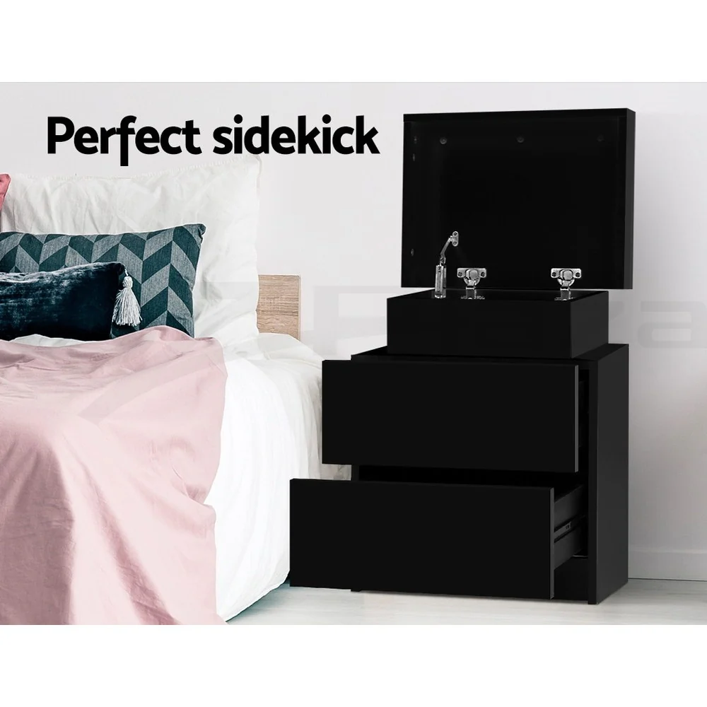 Artiss 2X Bedside Table 2 Drawers Lift-up Storage Black - Image 3