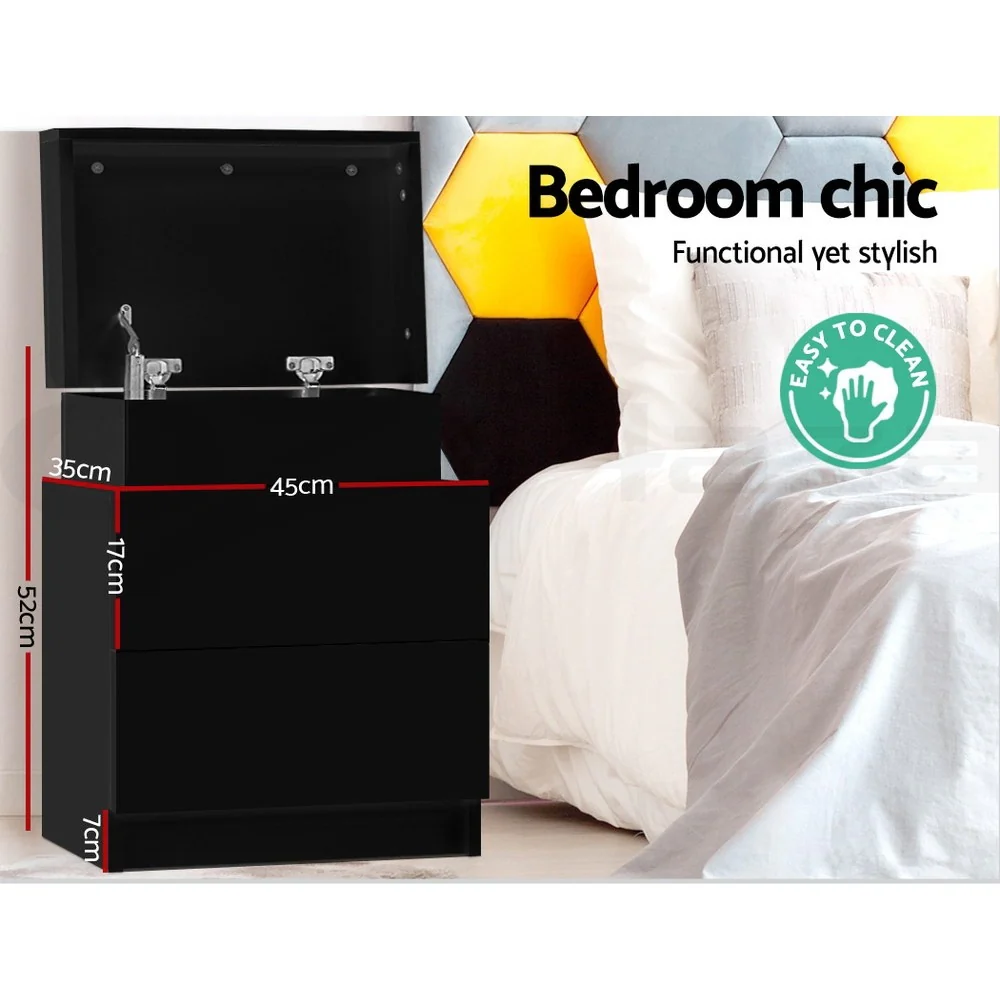 Artiss 2X Bedside Table 2 Drawers Lift-up Storage Black - Image 4