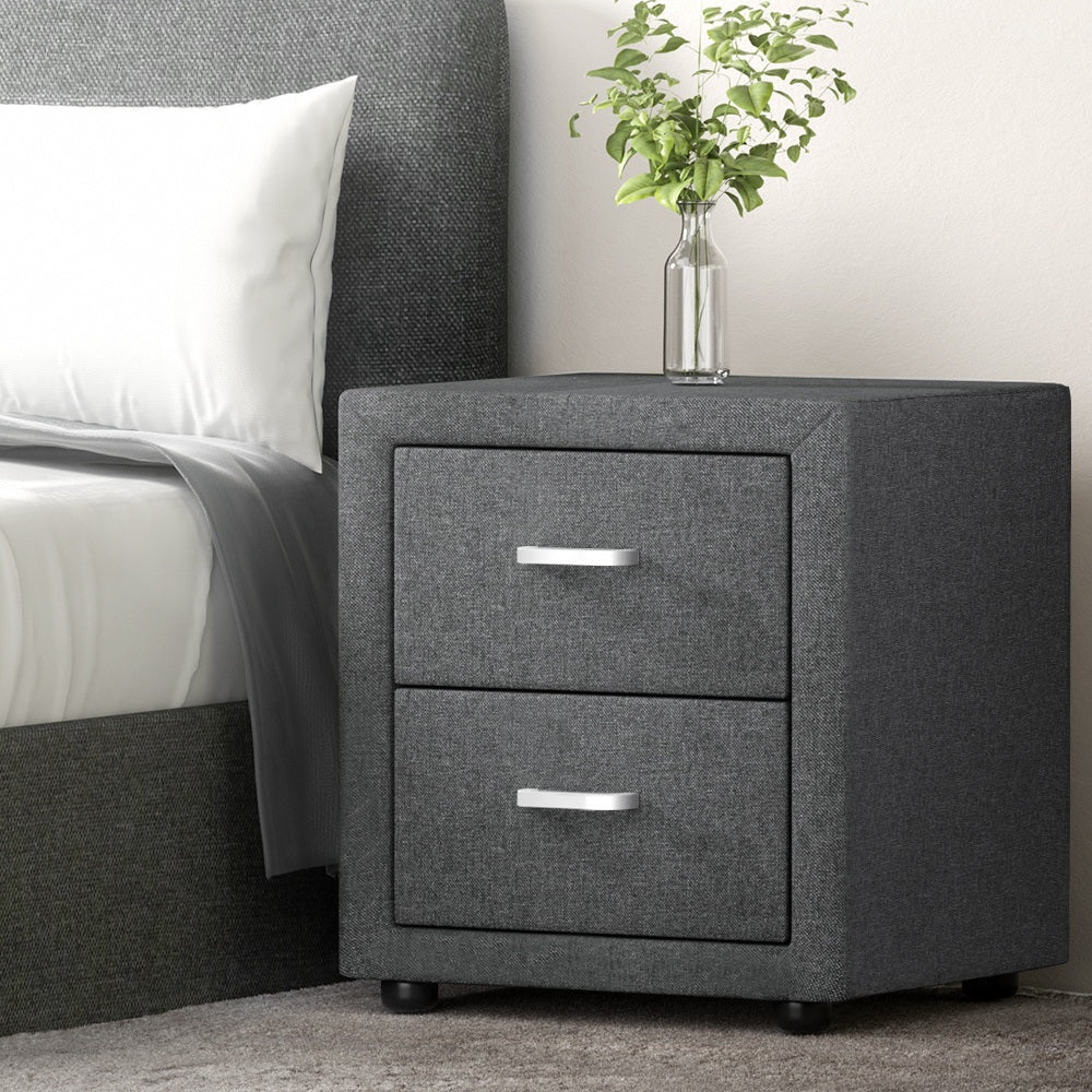 Artiss 2X Bedside Table 2 Drawers Side Table Fabric - CADEN Grey - Image 3