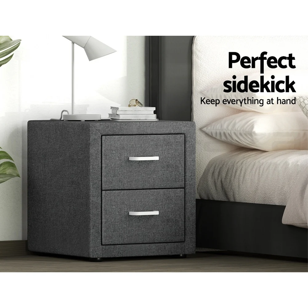 Artiss 2X Bedside Table 2 Drawers Side Table Fabric - CADEN Grey - Image 4