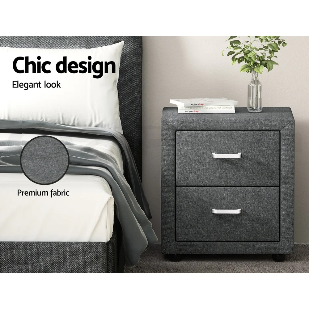 Artiss 2X Bedside Table 2 Drawers Side Table Fabric - CADEN Grey - Image 5