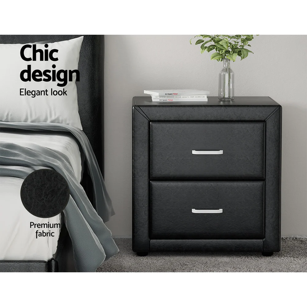 Artiss 2X Bedside Table 2 Drawers Side Table Leather - CADEN Black - Image 4