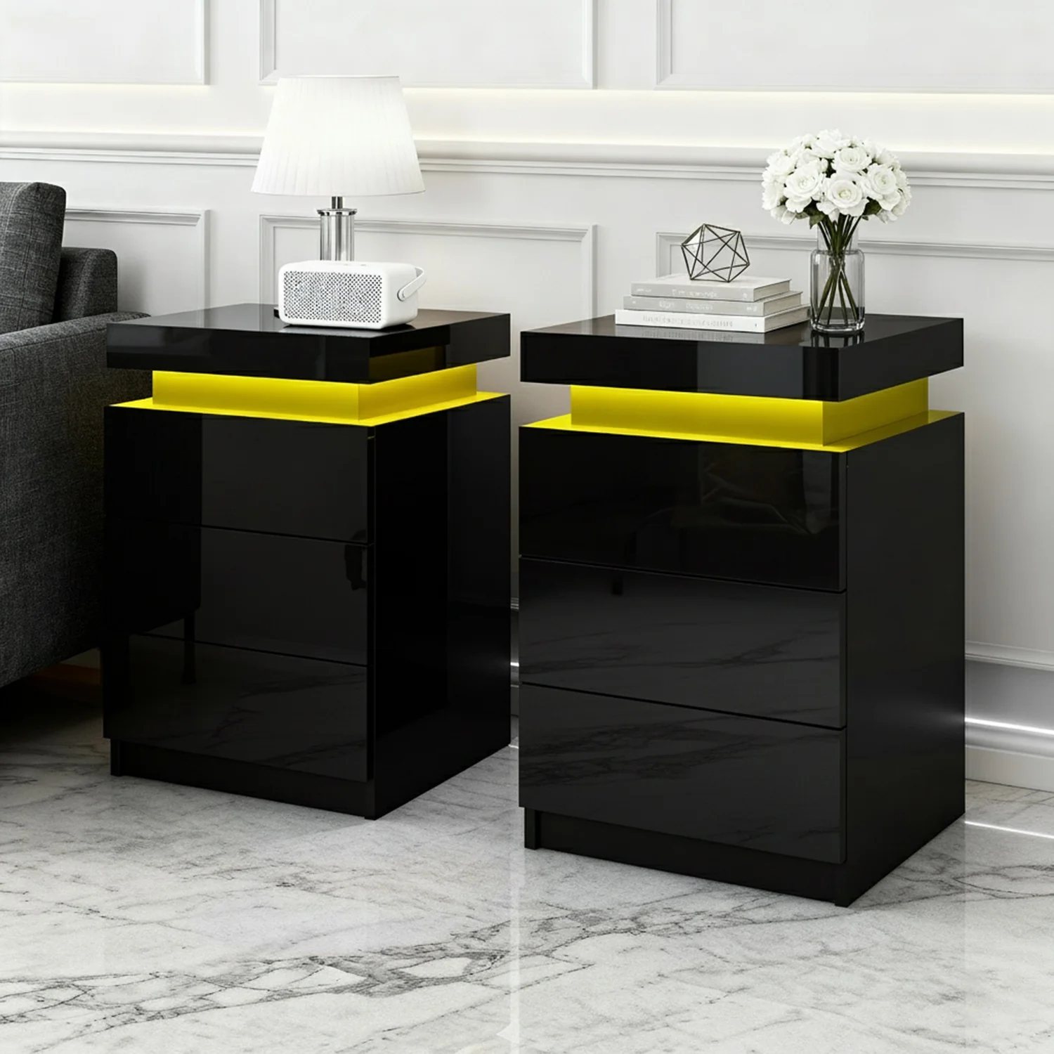Artiss 2X Bedside Table LED 3 Drawers - COLEY Black - Image 7