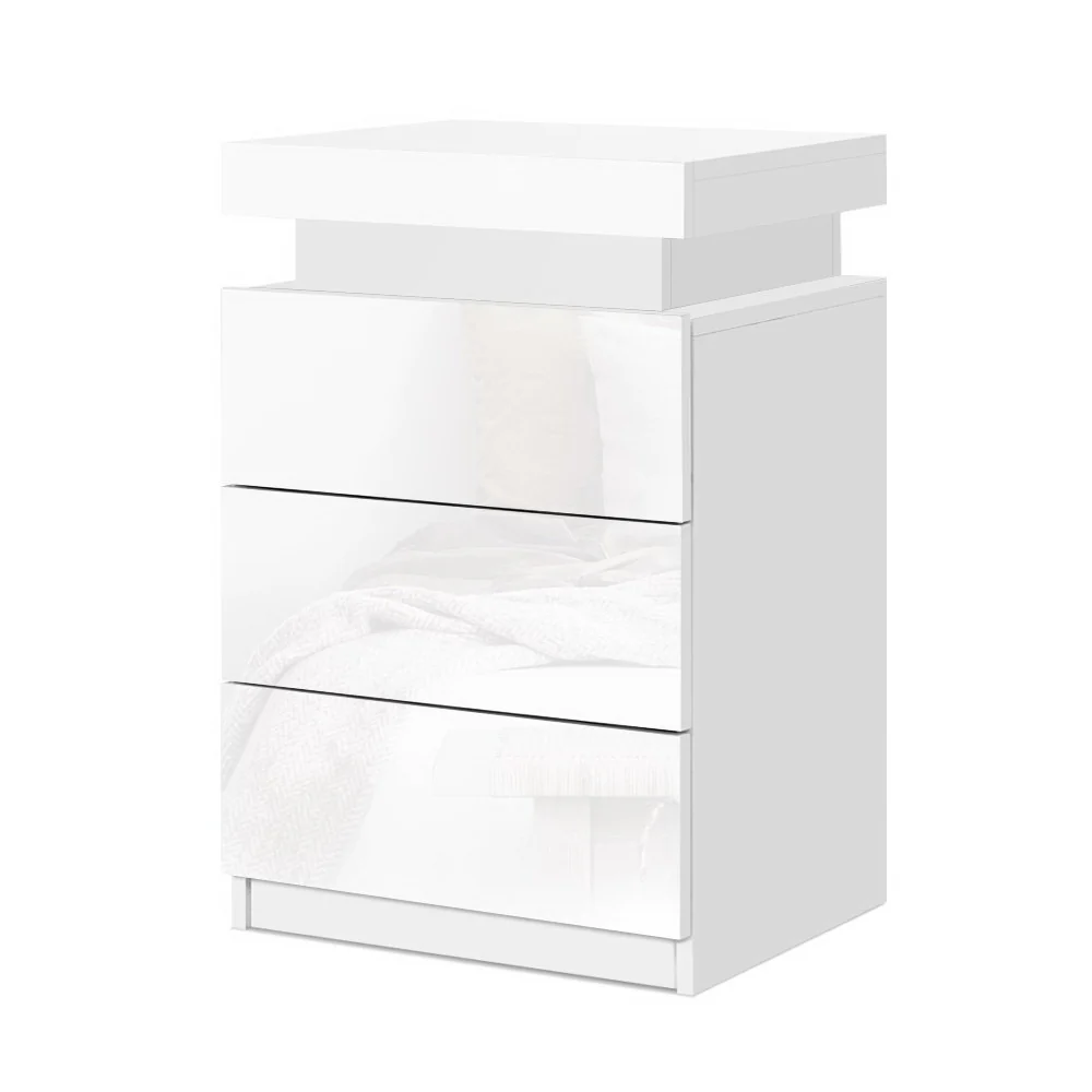 Artiss 2X Bedside Table LED 3 Drawers - COLEY White - Image 2