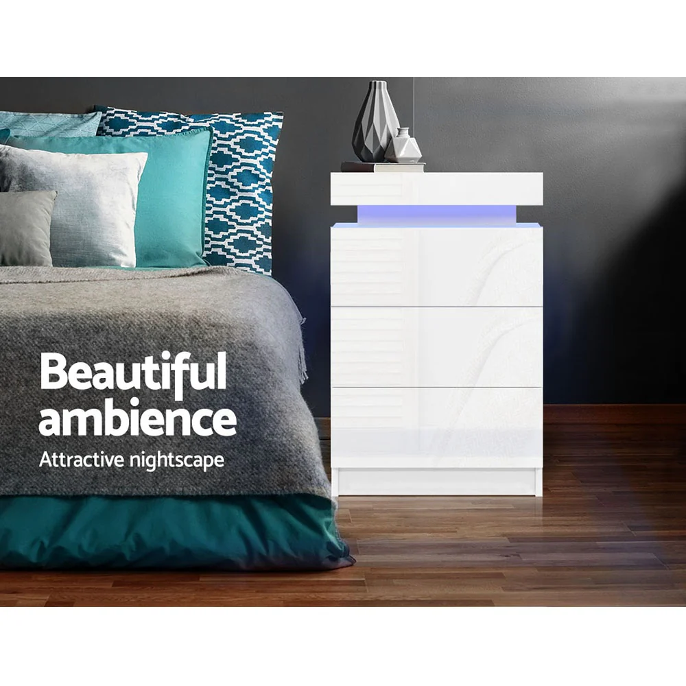 Artiss 2X Bedside Table LED 3 Drawers - COLEY White - Image 6