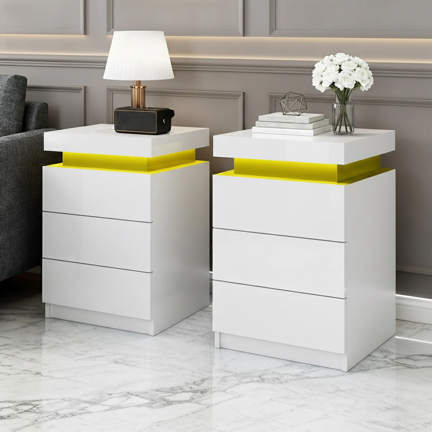 Artiss 2X Bedside Table LED 3 Drawers - COLEY White - Image 7