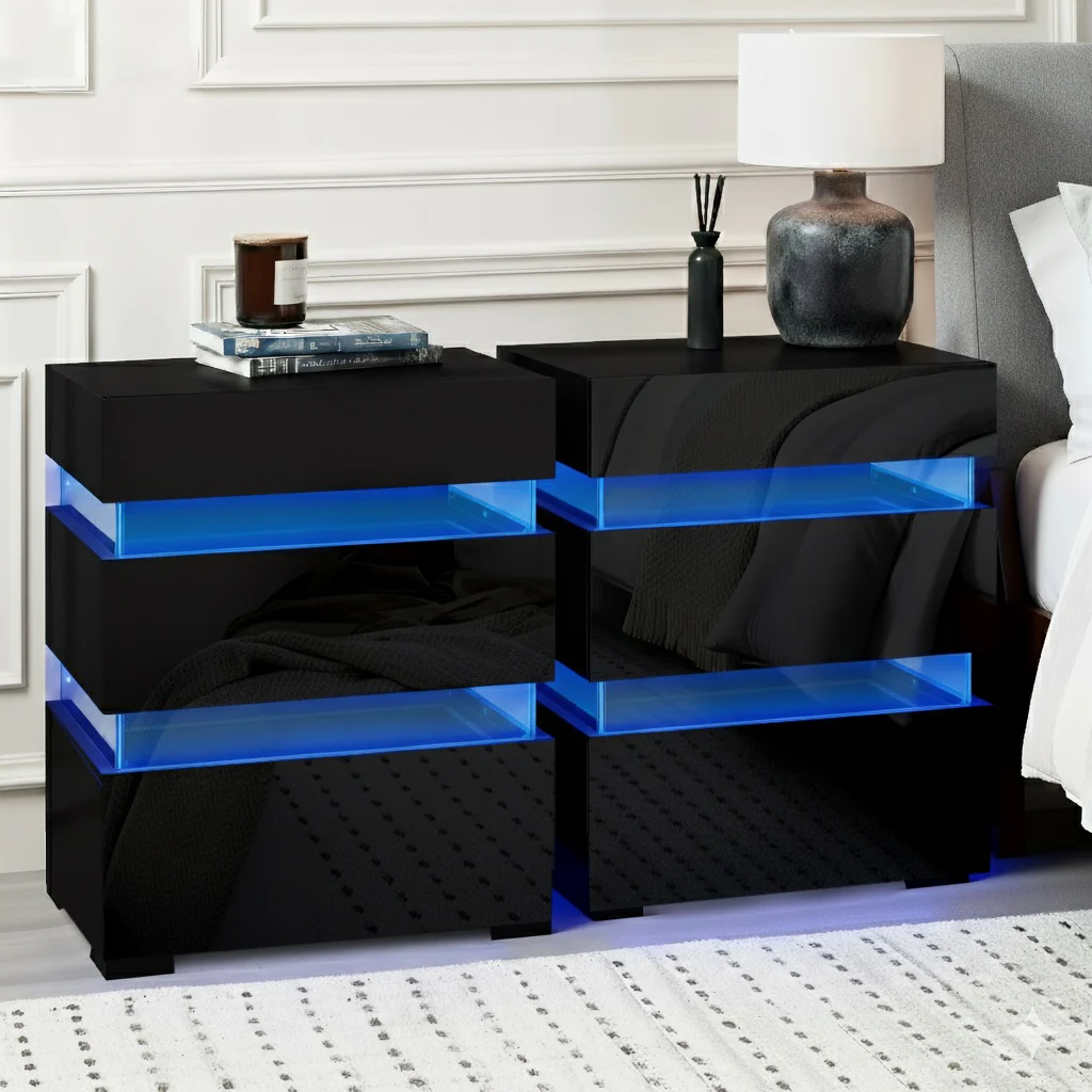 Artiss 2x Bedside Table LED 3 Drawers - LUMI Black - Image 7