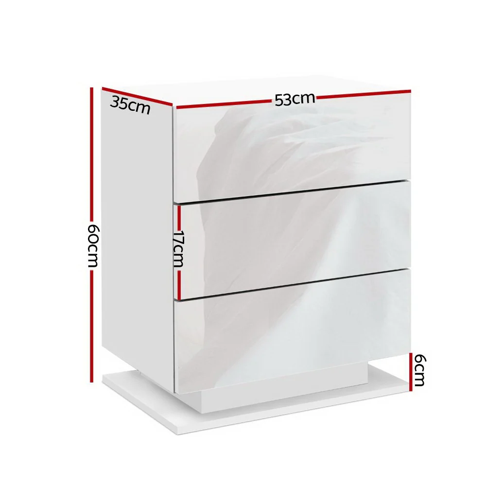 Artiss 2x Bedside Table LED 3 Drawers - MORI White - Image 3