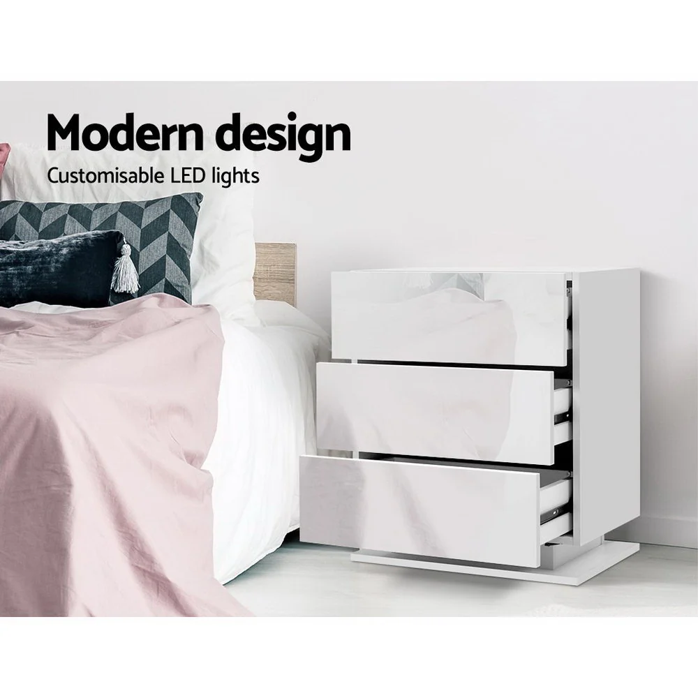 Artiss 2x Bedside Table LED 3 Drawers - MORI White - Image 5