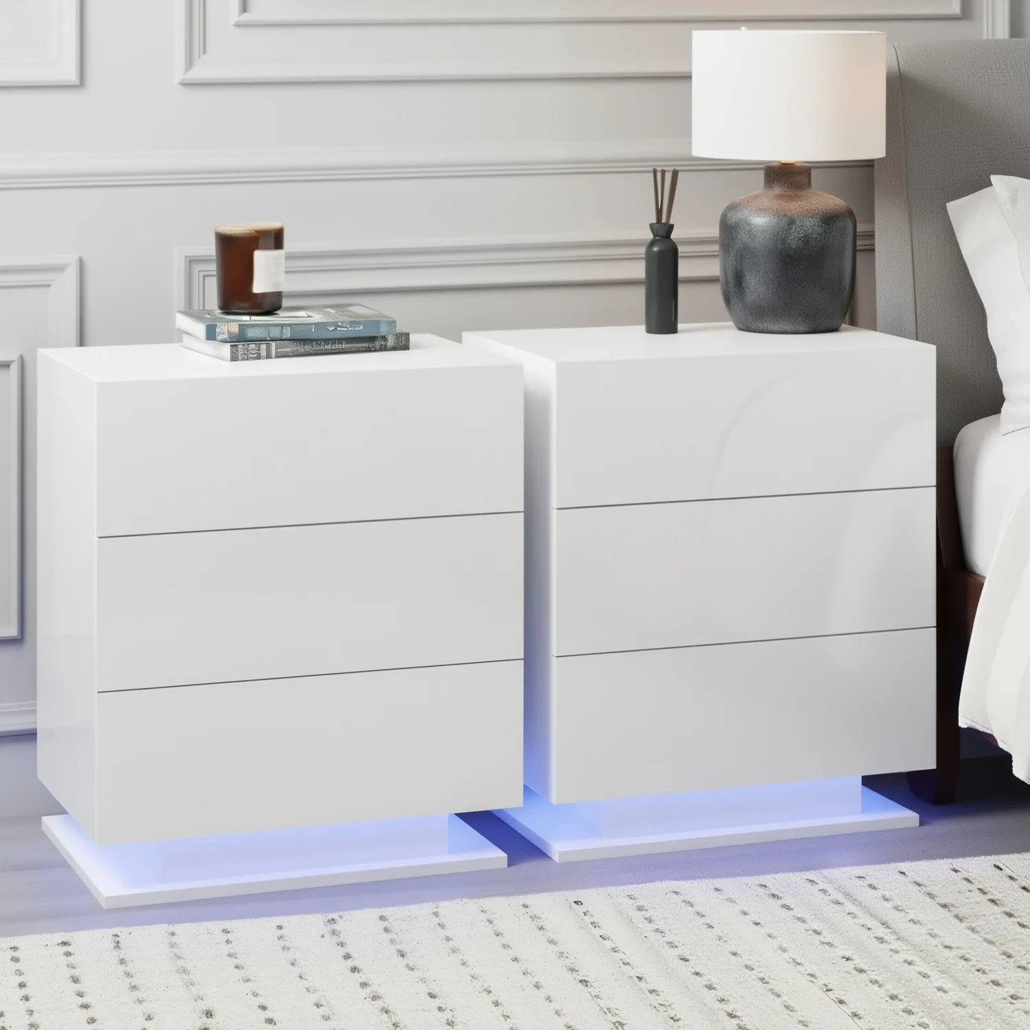 Artiss 2x Bedside Table LED 3 Drawers - MORI White - Image 7