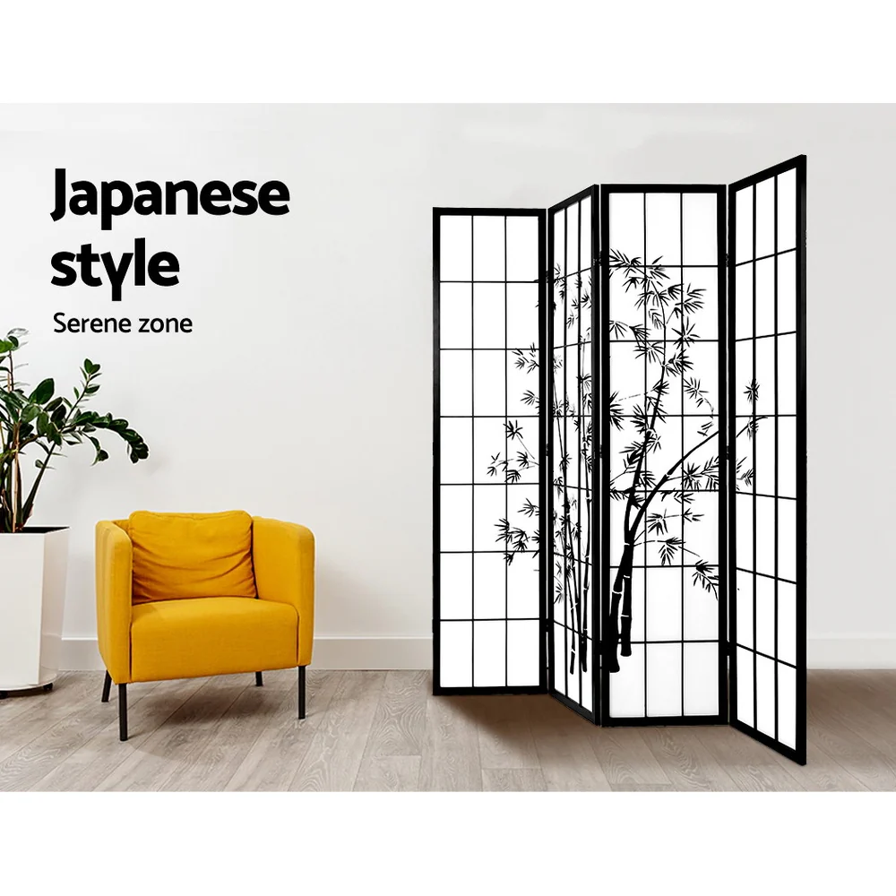 Artiss 4 Panel Room Divider Screen 174x179cm Bamboo Black White - Image 5