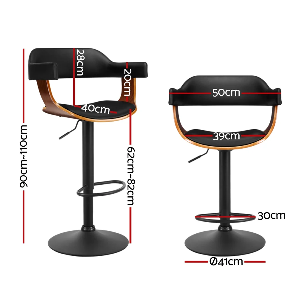 Artiss 4x Bar Stools Gas Lift Leather w/Armrest All Black - Image 2