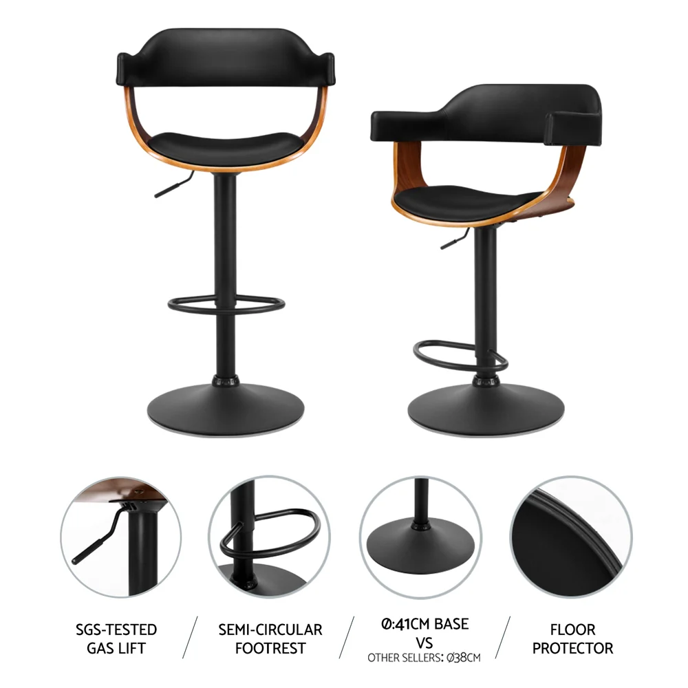 Artiss 4x Bar Stools Gas Lift Leather w/Armrest All Black - Image 4