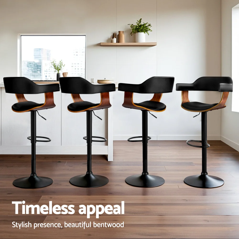 Artiss 4x Bar Stools Gas Lift Leather w/Armrest All Black - Image 6