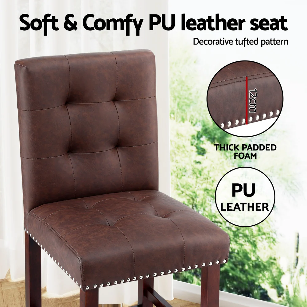 Artiss 4x Bar Stools Kitchen Dining Chairs Counter PU Leather Wooden Ada Brown - Image 5