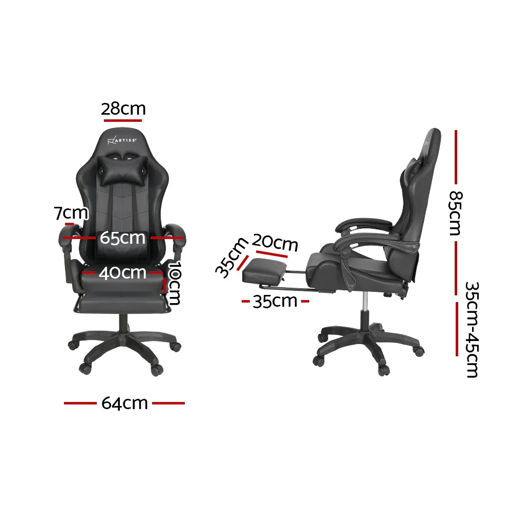 Artiss 6 Point Massage Gaming Office Chair 7 LED Footrest Black - Image 2