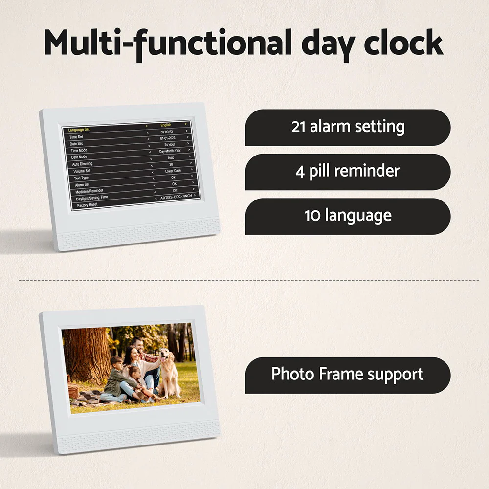 Artiss 7" Digital Day Clock Calendar Alarm White - Image 6