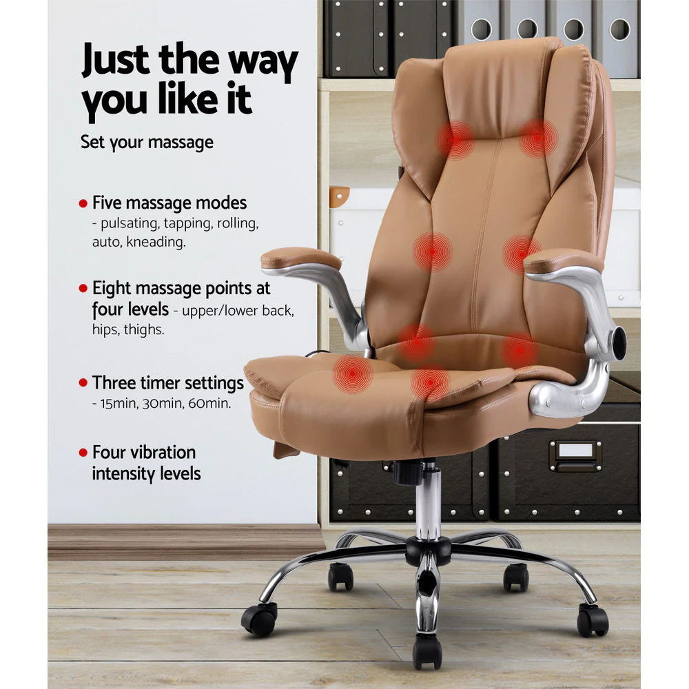 Artiss 8 Point Massage Office Chair PU Leather Brown - Image 4