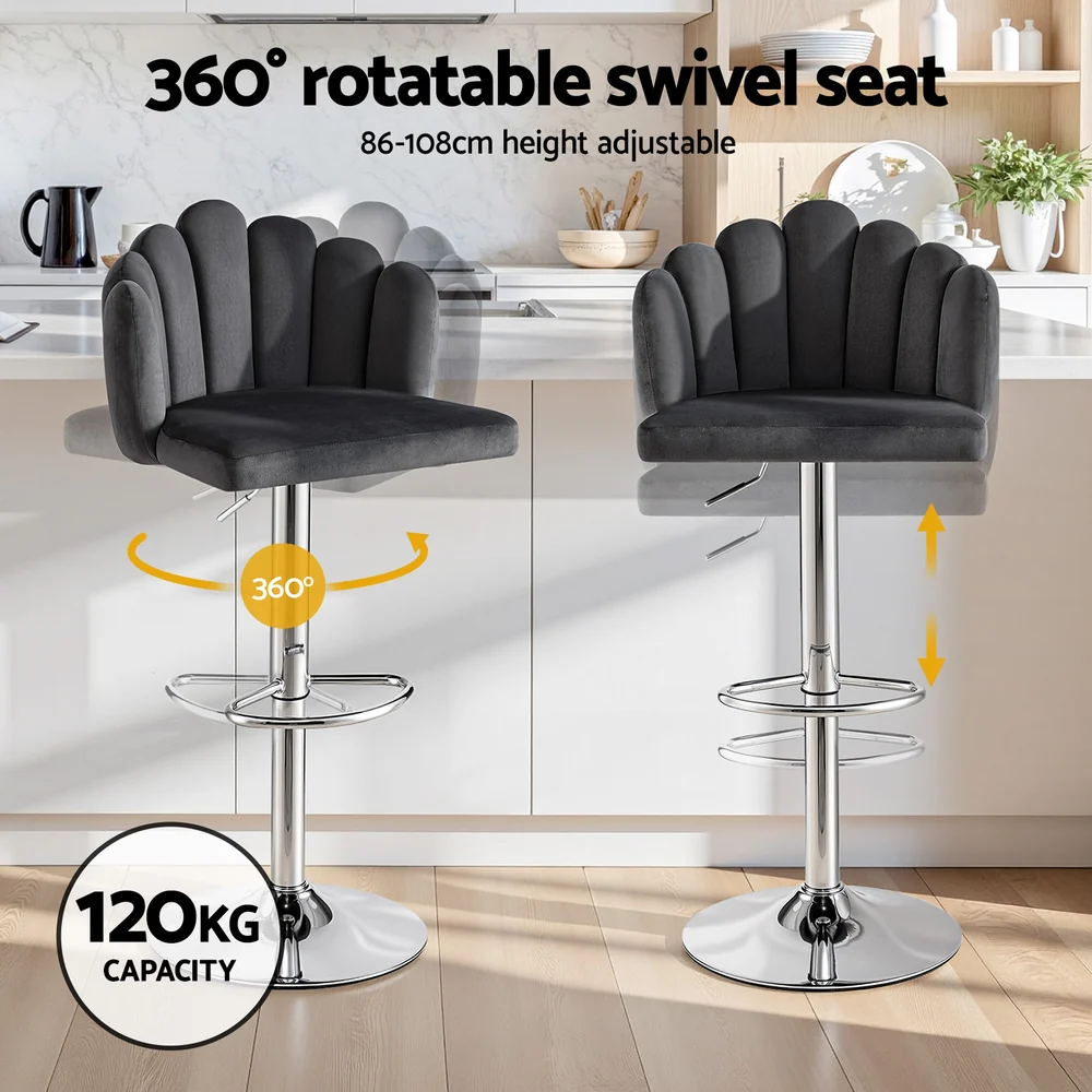 Artiss Bar Stool X2 Kitchen Dining Counter Gaslift Chair Adjustable Velvet Grey - Image 4