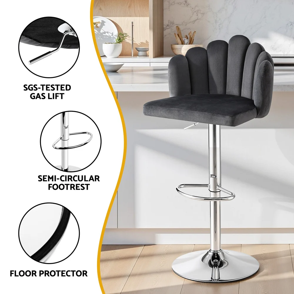 Artiss Bar Stool X2 Kitchen Dining Counter Gaslift Chair Adjustable Velvet Grey - Image 6