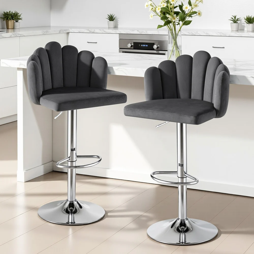 Artiss Bar Stool X2 Kitchen Dining Counter Gaslift Chair Adjustable Velvet Grey - Image 7