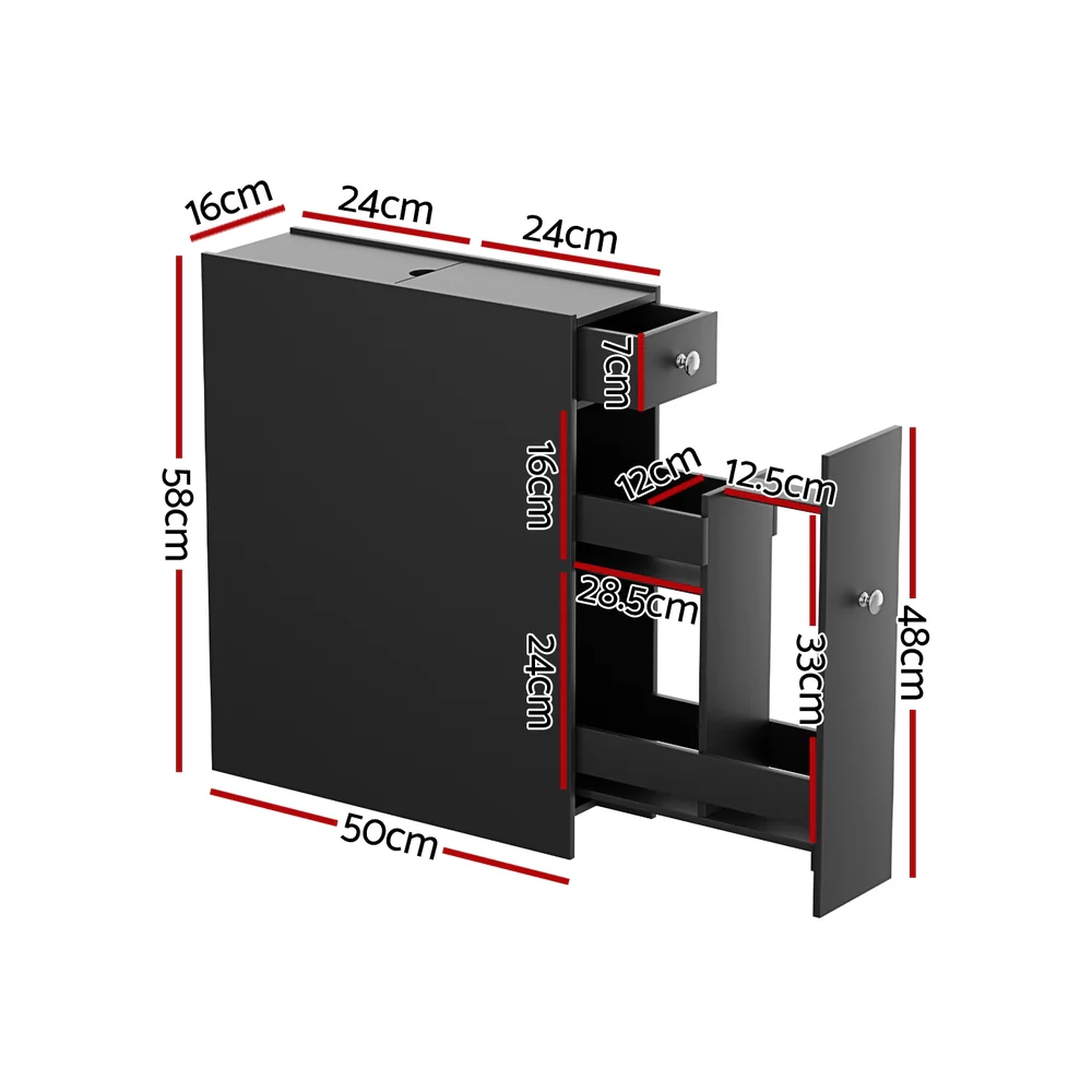 Artiss Bathroom Storage Cabinet Toilet Slim Tissue Box Caddy Holder Side Wooden Black - Image 2