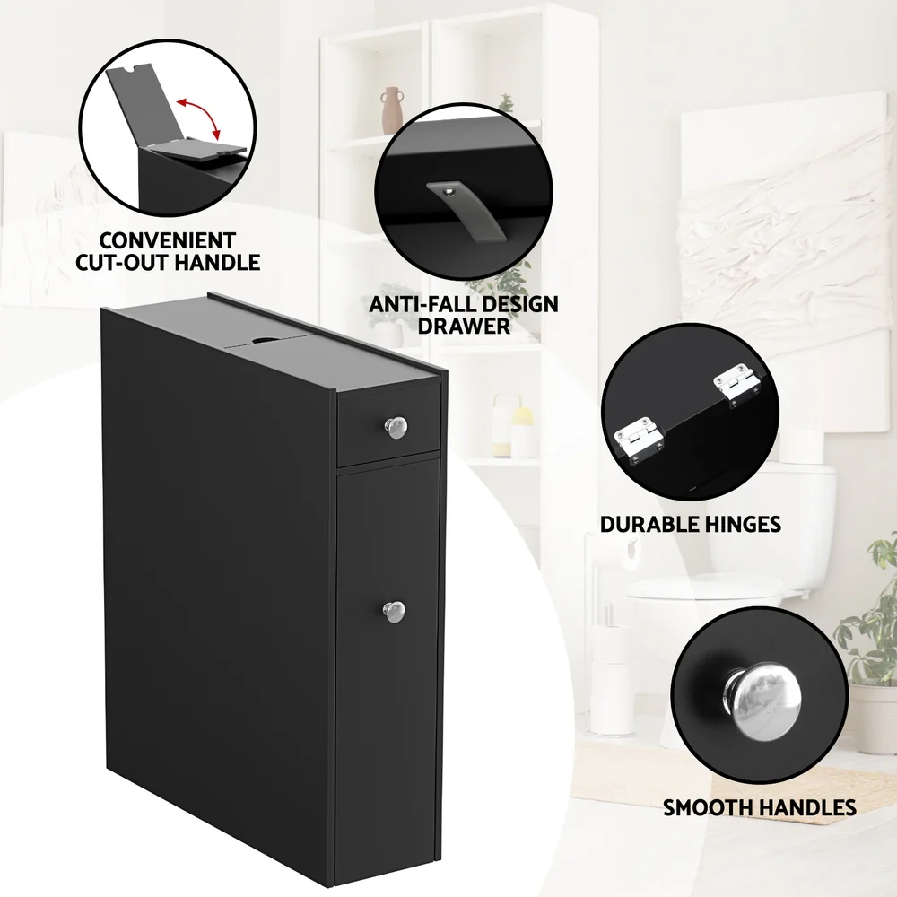 Artiss Bathroom Storage Cabinet Toilet Slim Tissue Box Caddy Holder Side Wooden Black - Image 5