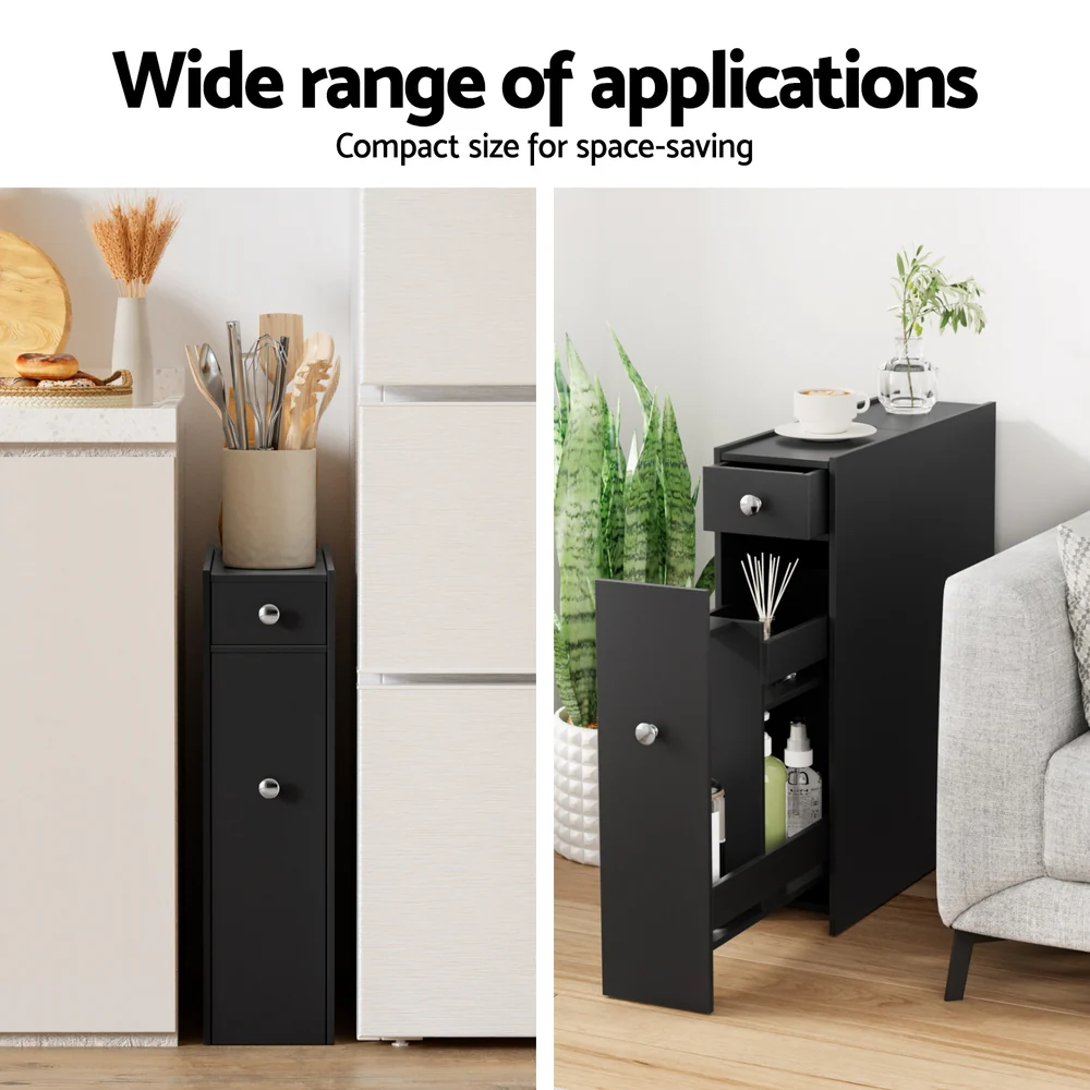 Artiss Bathroom Storage Cabinet Toilet Slim Tissue Box Caddy Holder Side Wooden Black - Image 6